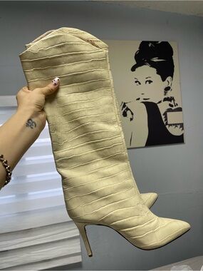 SHUTZ Cream Croc-Textured leather Knee-High Stiletto Booties